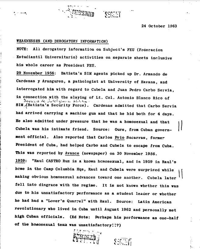 DOCUMENTO SECRETO DESCLASIFICADO POR LA CIA, SOBRE LA CONOCIDA HOMOSEXUALIDAD DE RAUL CASTRO